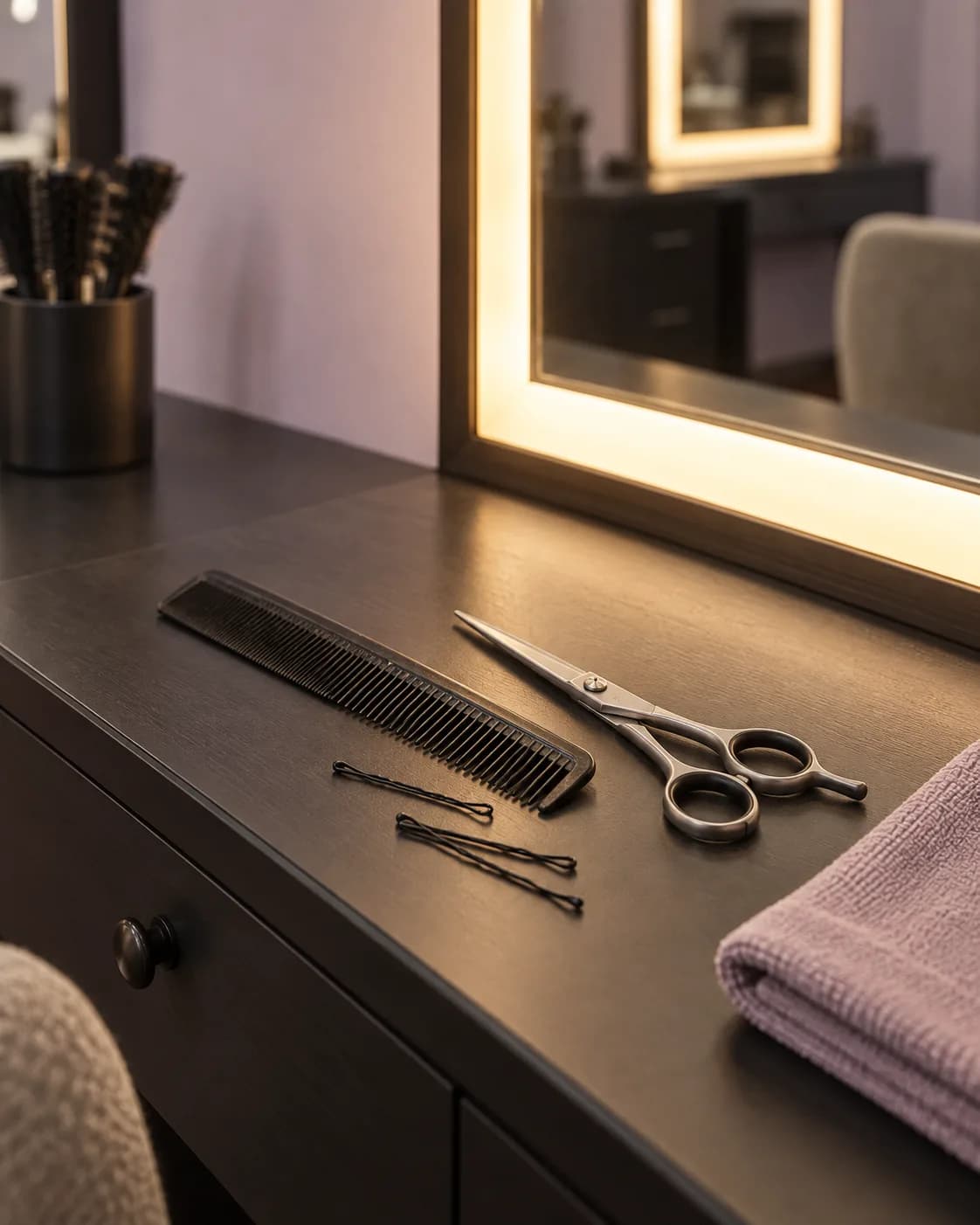 Hair cutting tools prepared at an illuminated salon mirror