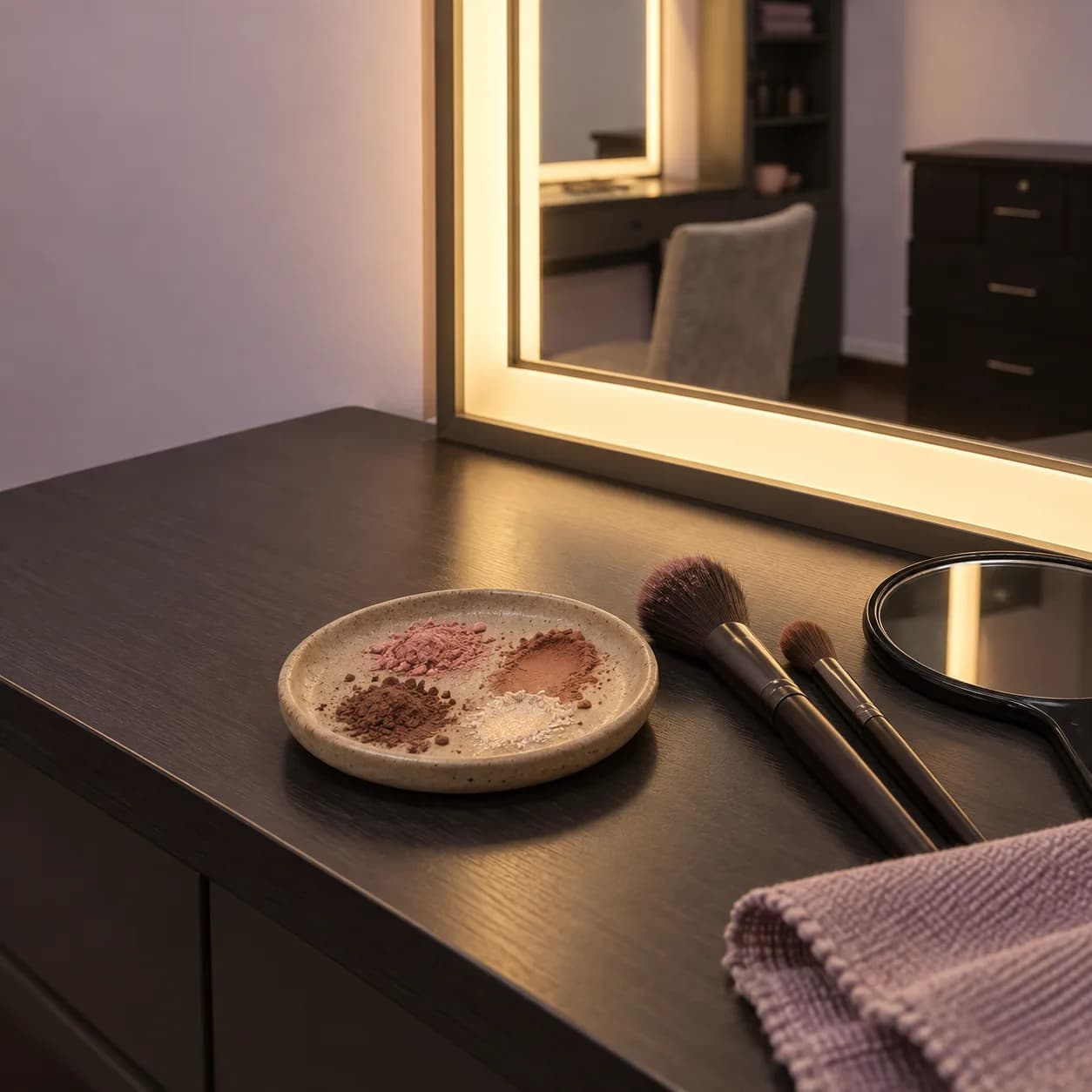 Makeup brushes and a muted pigment palette at the studio mirror
